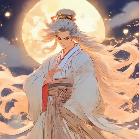 shoun，Young men，man，White Hanfu，long  white hair，Long flowing hair，Wide robe with large sleeves，年轻，Young，Ancient wind，Solid color clothes，The clothes do not have any patterns，adolable，laughingly，softlighting，Flat painting style，aquarelle，water ink，Behind i...