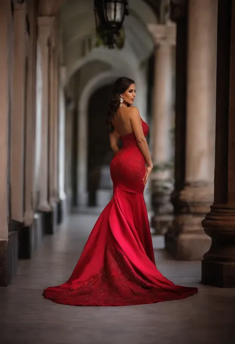 Mulher 30 anos extremamente realista, estilo latina usando vestido longo vermelho, cintura fina, rosto detalhado muito realista, cabelos longos, usando vestido longo tecido seda vermelho, pele brilhante detalhes realista, posando de corpo completo, andando...