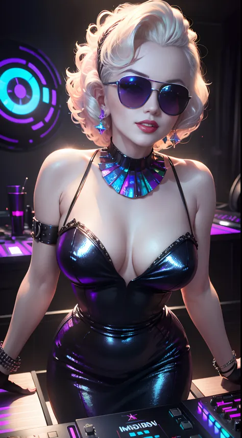 Marilyn Monroe ,higly detailed,DJ in a nightclub,ciberpunk, Sunglasses for DJs,iridescent hair,beste-Qualit,8K.