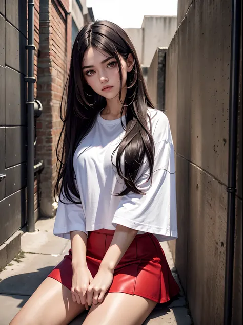 topquality, intricate detials, chromatic aberration, 1girl in, hairlong, dark-haired, unkempt hair,, White glare, red-eyes, Sharp eye, white oversized t-shirt, Ultra mini skirt, Pantius, cowboy shots, Wind elevator, (Oversized T-shirt: 1.2 inches),Against ...