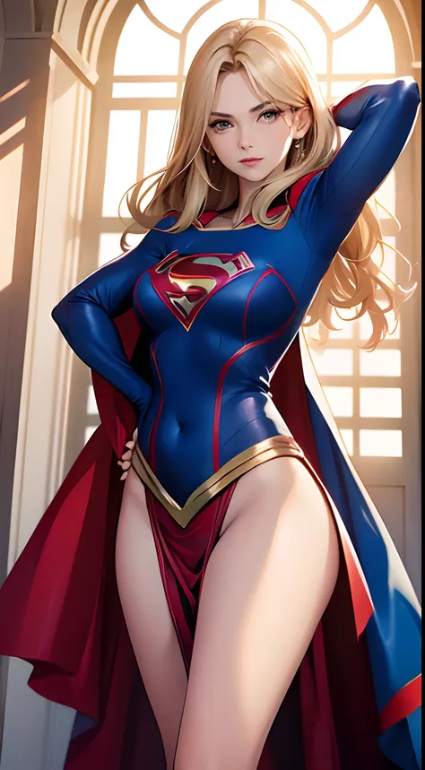 Mulher corpo definido seios grandes, vestido fantasia de Supergirl, pose sensual