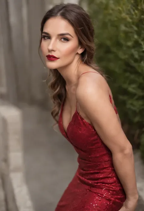 Mulher 30 anos extremamente realista, estilo latina usando vestido longo vermelho, cintura fina, rosto detalhado muito realista, cabelos longos, usando vestido longo tecido seda vermelho, pele brilhante detalhes realista, posando de corpo completo, parada ...