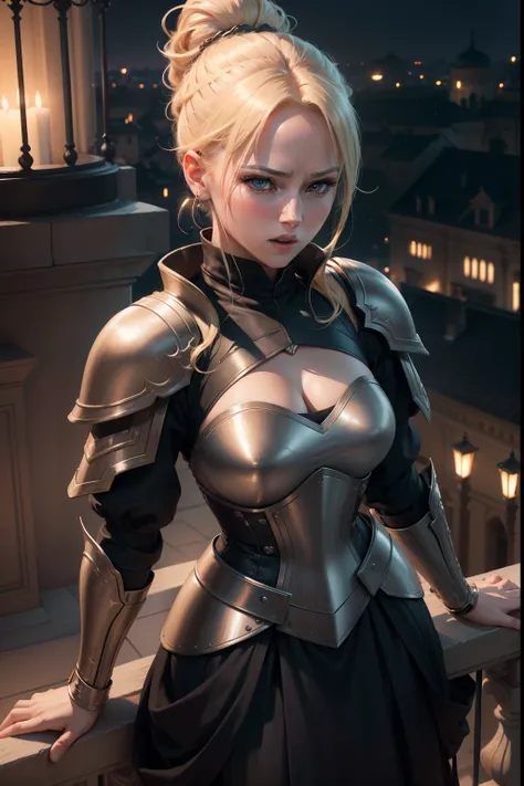 8k realistic image of a beautiful woman, with light and extremely detailed eyes, blonde hair tied in a bun, Dressed in black RPG Warrior clothes and shoulder pads, passionate expression, on an external balcony of a royal palace, Night, anime style art