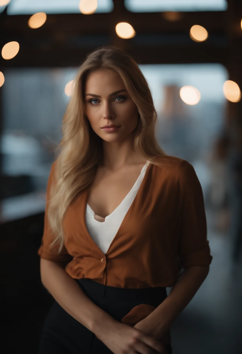 professional, (4k photo:1.1) by (Jeremy Lipking:0.3), (Dittmann Anna:0.3), (Arian Mark:0.3), (Sharp focus:1.3), high detail, wearing (tight shirt:1.2), beautiful detailed face, hazel eyes, long blonde hair, (attractive young woman:1.3), (seductive:1.1), (b...