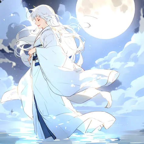 shoun，younge boy，White Hanfu，long  white hair，Long flowing hair，Wide robe with large sleeves，年轻，Young，Ancient wind，Solid color clothes，The clothes do not have any patterns，adolable，laughingly，flood，softlighting，Flat painting style，aquarelle，water ink，Behin...