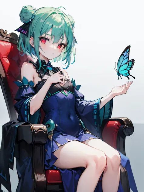 {Moist feather(hololive}}, 1girl, short hair, double bun, {emeraldgreen hair}, {{Red eyes}}、​masterpiece、top-quality、{dynamic angle}, flat chest, 小柄、{hatred}、irate、{Deadly}、demon king、a throne、Aura of Darkness、Dark blue dress、demon realm、Blue winged butter...