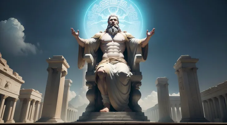 Image of a statue of a man with a beard and a robe, roman festival backdrop, epic scene of zeus, ancient sci - fi elements, (octan render) estilo fantasia, Fantasy Style 8k Octane Rendering, VFX surreal altamente detalhado, bipe. octan render, world seen o...