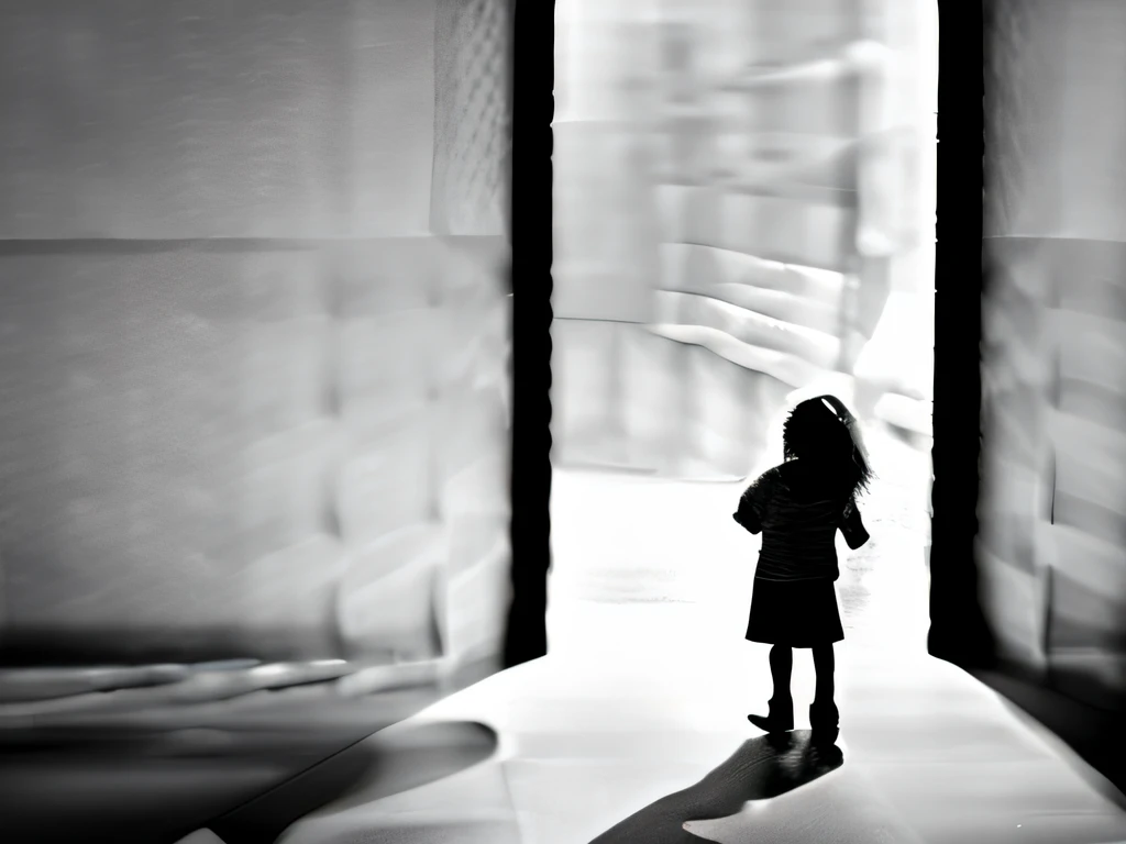 Black and White photo，White background，Black silhouette of a child，Solitude，photorealestic