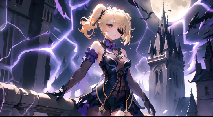 1 girl solo, blond hair ponytails, dark purple goth dress, long black gloves, ((eyepatch)), fullbody, standing on top of the gothic castle tower, night, moonlight, cinematic shot, dramatic, vibrant colours, raven flying near her, storm, lightning