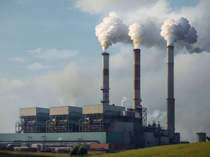 smoke billowing from a factory chimney in a large open field, power plants with smoke, Usinas, Chimneys, Industrial fires and air pollution, pollution, smoke from chimneys, smoke coming out of the chimney, Charcoal, industrial factory, Ambiente de planta i...