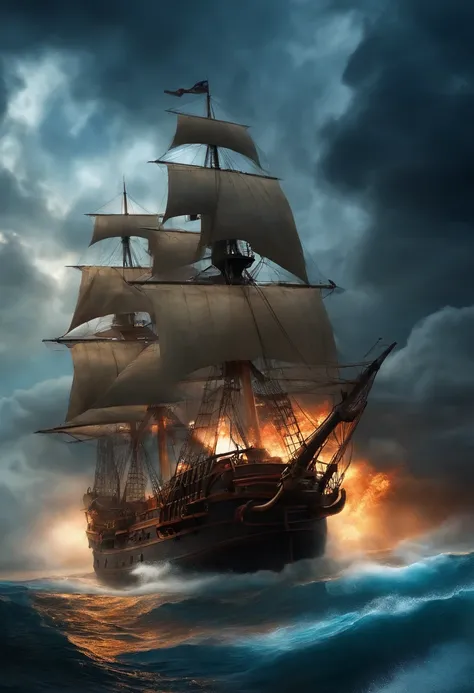 steam artwork, pirate ship war, fire, rain, storm, cannons, sea waves, blue clouds