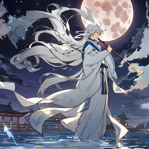 shoun，younge boy，White Hanfu，long  white hair，Long flowing hair，Wide robe with large sleeves，年轻，Young，Ancient wind，Solid color clothes，The clothes do not have any patterns，adolable，laughingly，flood，softlighting，Flat painting style，aquarelle，water ink，Behin...