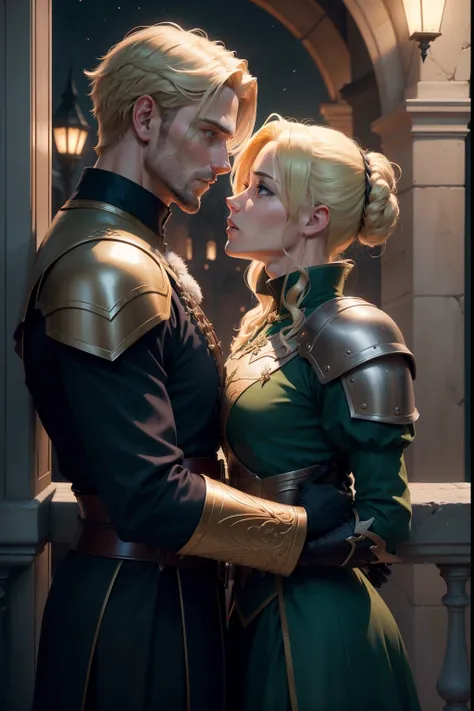 Realistic 8K image of a handsome man in his early 30s, blond with short, strong hair, extremely detailed green eyes, dressed in dark clerical clothing and with dark green RPG warrior style shoulder pads, kissing a woman, on an external balcony of a palace ...