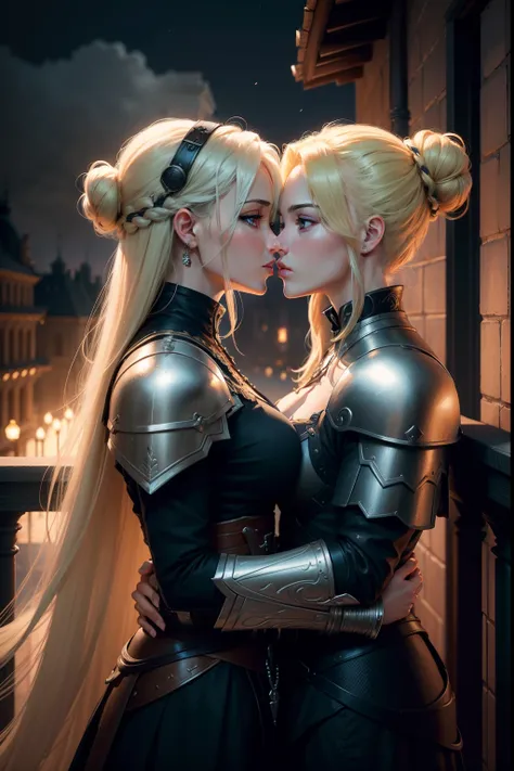 8k realistic image of a beautiful woman, with light and extremely detailed eyes, blonde hair tied in a bun, Dressed in black RPG Warrior clothes and shoulder pads, kissing a woman, an external balcony of a royal palace, Night, anime style art, profile pict...