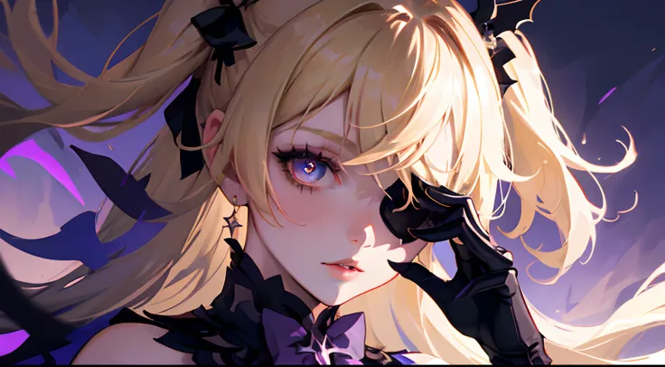 1 girl solo, blond hair ponytails, dark purple goth dress, long black gloves, ((eyepatch)),  standing on top of the gothic castle tower, night, moonlight, cinematic shot, dramatic, vibrant colours, ((portrait face closeup))