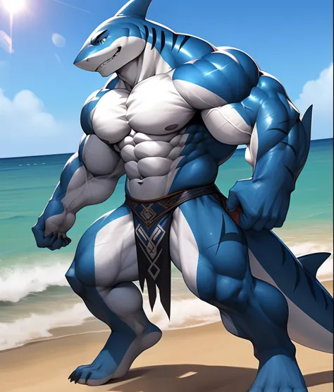 nj5furry, (blue shark, huge), shark, ((extremely realistic shadows, masterpiece, extremely detailed, photorealistic)), kemono, blue skin, blue eyes, Wear a small blue torn loincloth, Beach. Height 185 cm, the optimal height, tight clothing, body full of mu...