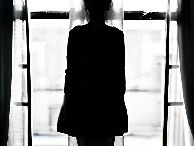 Black and white photo，White background，Black silhouette of girl，Solitude，photorealestic