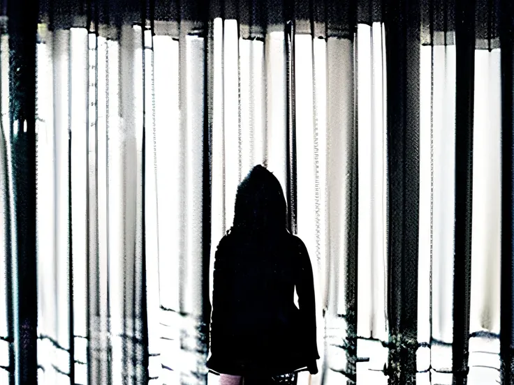 Black and white photo，White background，Black silhouette of girl，Solitude，photorealestic