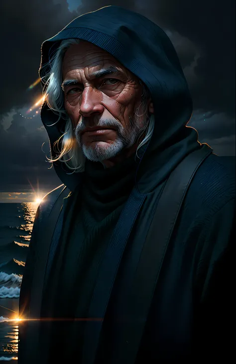 Dark, Deep Shadows, Rugged Award Winning Portrait Photos (Old Fisherman: 1.3), (Facial Focus: 1.5), (Storm: 1.2), (Waves: 1.3), Ocean, (Lighthouse Background: 1.5), (Denim Lens: 1.4), (White Turtleneck Sweater: 1.3), Looking at the Viewer, Realistic, Maste...