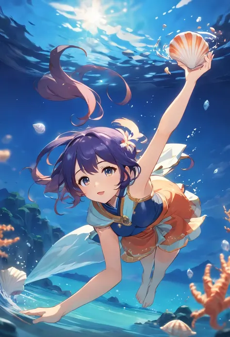 A genshin impact style girl with Japanese-style clothes diving into the water with a seashell in hand. His eyes are dark blue and starry with salmon-colored hair, her hair is very long