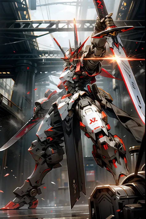 giant mecha, heavily armored, black and grey, red glowing sword