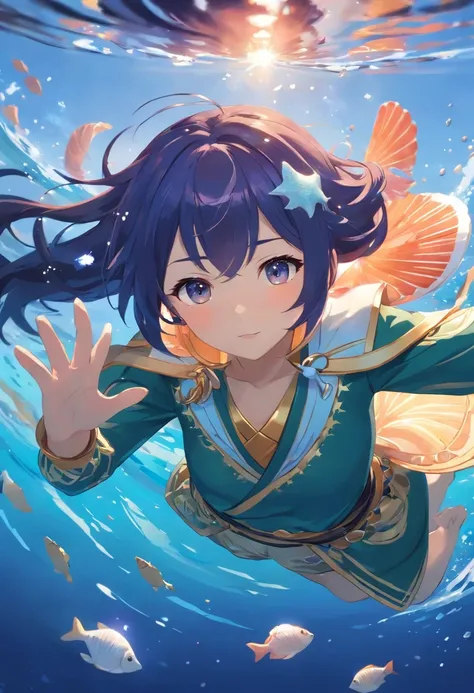 A genshin impact style woman with Japanese-style clothes diving into the water with a shell in hand. His eyes are dark blue and starry with salmon-colored hair, her hair is very long