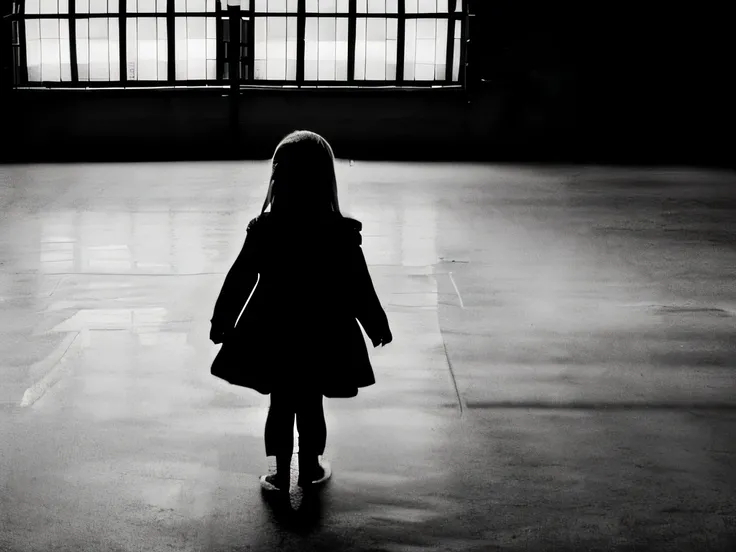 Black and white photo，White background，Black silhouette of little girl，Solitude，photorealestic