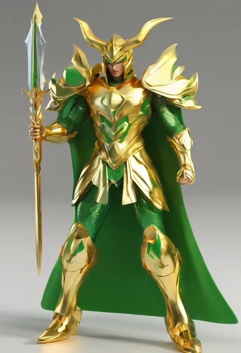 Capricorn shura saint seiya gold saint gold fabric ultra realistic gold armor 4k astrological sign of the man green-haired capricorn arm sword Excalibur blade green helmet 2 horns at the front up white cape