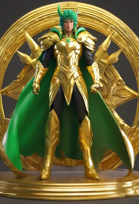 Capricorn shura saint seiya gold saint gold fabric ultra realistic gold armor 4k astrological sign of man green hair in spades up capricorn arm sword Excalibur blade green helmet 2 horns front white cape