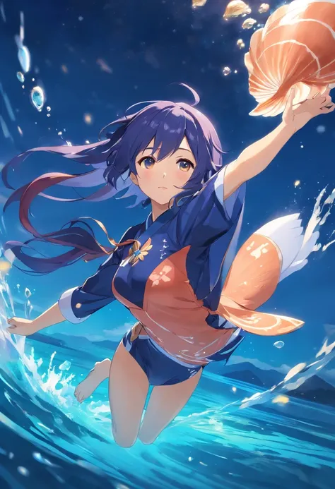 Une femme adulte. Genshin Impact style with Japanese-style clothing diving into the water with a shell in hand. Its eyes are dark blue and starry, Her are salmon-colored hair and very long