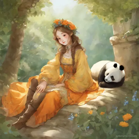 Manhwa Style, Painting with bright watercolors, Panda, Cute clothes, green colored eyes, orange, Blue. yellow, extreme hight detail, higly detailed, tmasterpiece, The background of the tale, In Wonderland, dynamic colors, Fairytale glow, Author：Beatrix Pot...