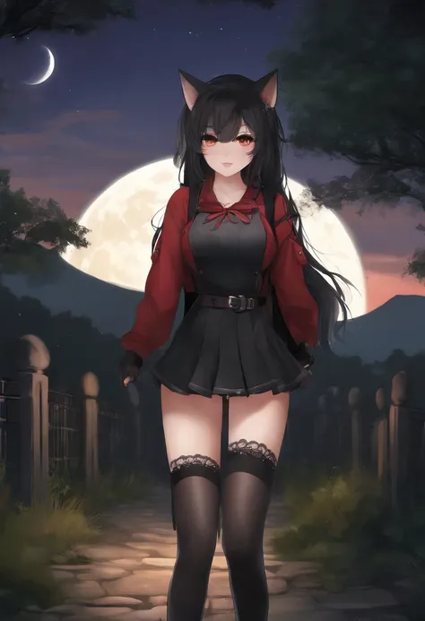 1girl, cute, catgirl, ,skirt, thigh highs, black hair, dark brown eyes, light skin, human eyes, fix eyes, round face, thick tighs, shcool girl, nsfw, 18 years old, night, full moon, stone fence behind ,mysterious, black clothing, red backpack