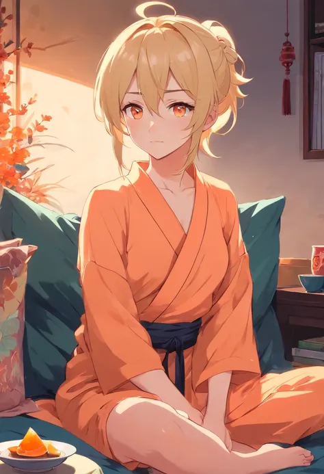 Anime boy.LIGHT BLONDE HAIR THAT FADES INTO VIBRANT PEACH, long hair In ponytail. Dark horns on head and traditional black Japanese sleepwear (open on bottom). BIG, VIBRANT ORANGE EYES. GOD. MANLY MAN. Sitting on futon, drinking tea.