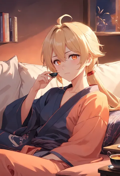 Anime boy.LIGHT BLONDE HAIR THAT FADES INTO VIBRANT PEACH, long hair In ponytail. Dark horns on head and traditional black Japanese sleepwear (open on bottom). BIG, VIBRANT ORANGE EYES. GOD. MANLY MAN. Sitting on futon, drinking tea.