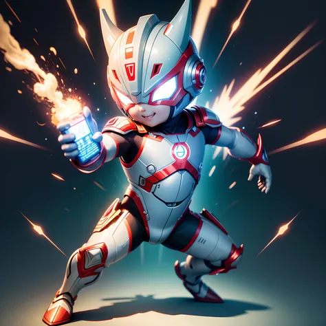 Ultraman is fully equipped，q posket，tchibi, Cute cute and happy,Cute quirky，movie light effect, 8K, highly  detailed, 3D vector art, Cartoony, Isometric style, 4K rendering, younge boy，frontage，Zamabu