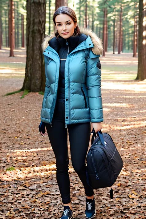 Make a woman with big breast, Blue long winterjacket , with open zipper, with face, body, Forrest, travel bag, black pants, camper, dog