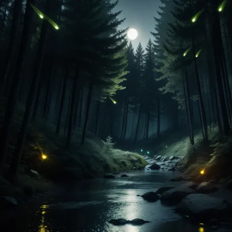 Forest at night，Flying fluorescent fireflies，glowing firebugs，Gray moonlight，Dingdall effect，Glowing little river