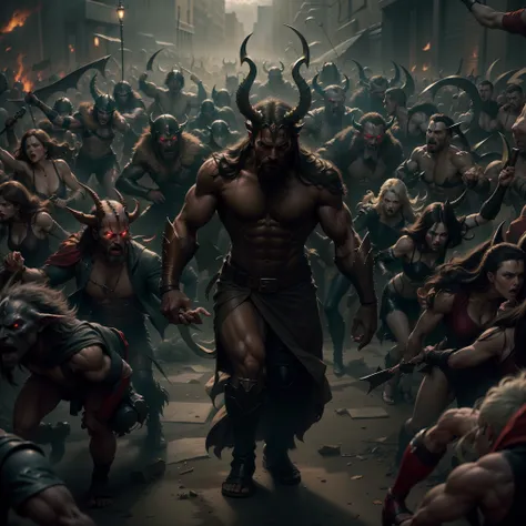 Thé Devil leading troops army of demons to battle War hyper realistic super detailed Dynamic poses master piece scene cinématique of movie