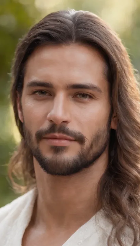 1Homem parecido com Jesus, lindo, olhando de frente, cabelos longos1.1)cabelos longos, cabelos longos, medium beard, cabelo liso, cabelos longos, face realista, olhos castanhos, sozinho, (鎖骨:1.3), cabelos castanhos claros, (pele brilhante:0.8),(master part...