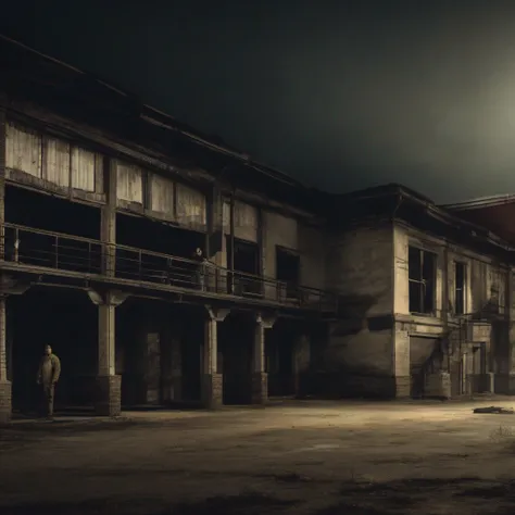 Dark abandoned building with men from the movie The Purge staring at you