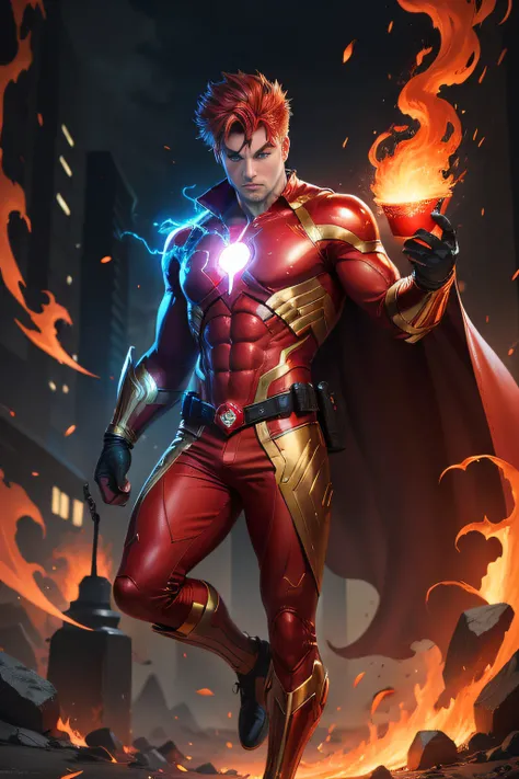 Create a lithiographic-themed male superhero who has red clothes and red fire emanating from his eyes, hands and feet