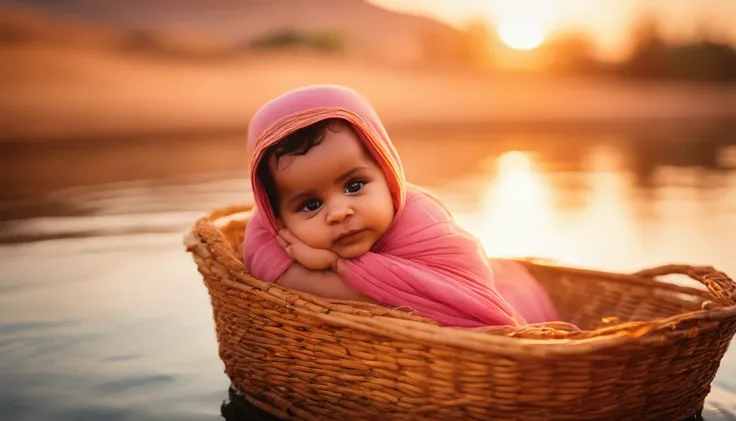 An Egyptian baby resting peacefully in a straw basket that floats gracefully in the waters of the Nile River, As the sun sets on the horizon, Painting the sky with warm shades of orange and pink, the baby wrapped in golden fabrics in soft light, uma cena d...