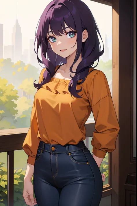 a girl with dark green eyes, loose, curly, dark purple hair. serene coloured eyes, wearing a dark orange blouse and short jeans, small bust, mischevious grin, sinister aura