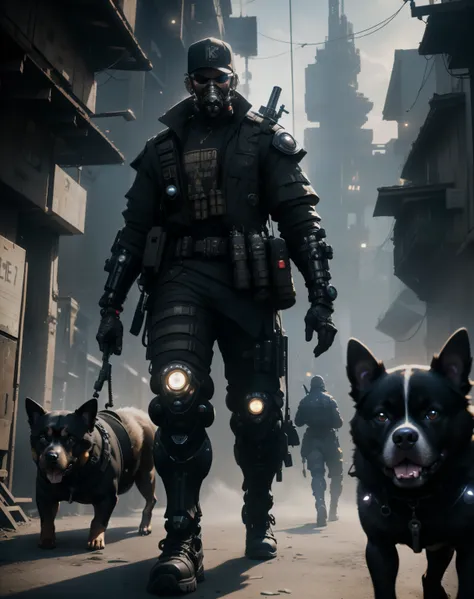 Hyperrealistic, Unreal engine, 3d, (Medium Shot), (Steampunk Military K9 Team), (Cyberpunk Meta-Gnome Soldiers with Cyborg Dogs), ((Cyborg Dogs):1.5), (Searching a dark alley in Apocalyptic city) , (Cyberpunk Gun), (Weapon on backpack), (Holding) a (Futuri...