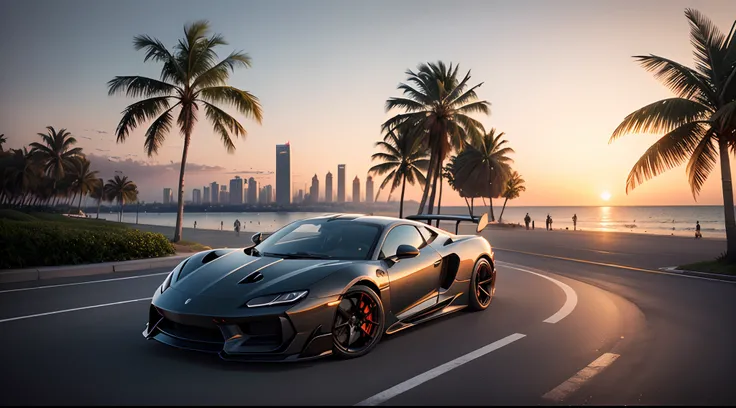 photorealistic. supercar. background sunset, skyline. palm trees. beach.