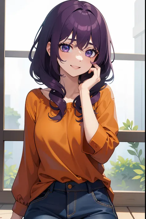 a cute but crazy girl with dark green eyes, loose, curly, dark purple hair. serene coloured eyes, wearing a dark orange blouse and short jeans, small bust, mischevious, suggestive grin, suggestive pose