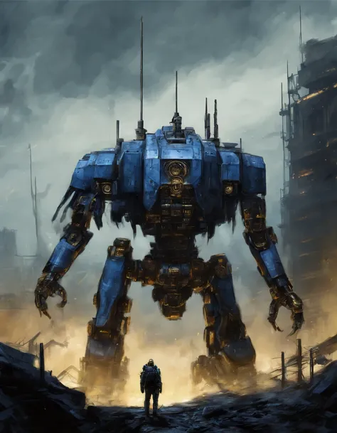 battletech style giant robot, humanoid mecha robot, (organic design:1.4), (blue and gold vivid colors:1.3), background: spacious spaceship hangar, (masterpiece), sci-fi art