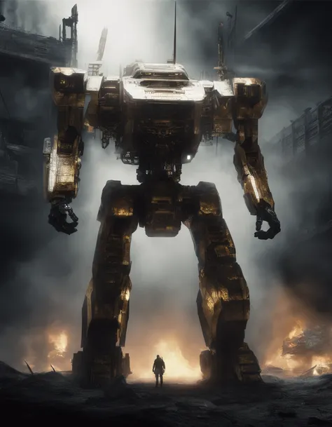 battletech style giant robot, humanoid mecha robot, (organic design:1.4), (white and gold vivid colors:1.3), background: spacious spaceship hangar, dramatic fire and smoke, (masterpiece), sci-fi art