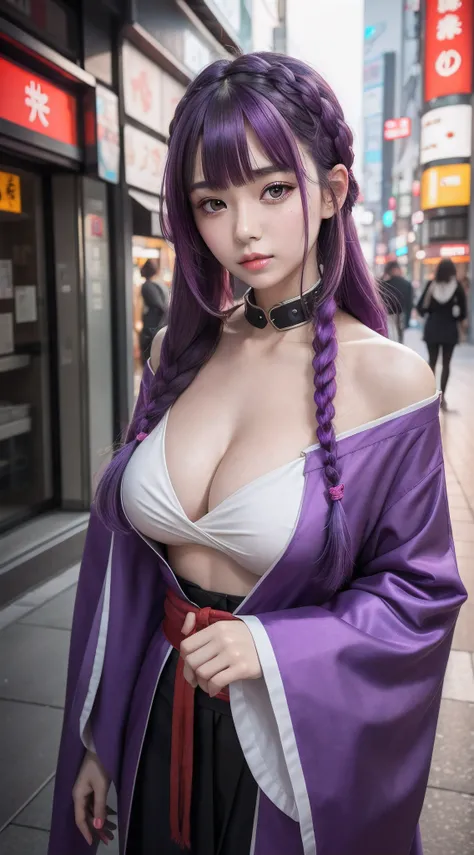 1girl, blunt bangs, braid, wide sleeves, hair ornament, Japanese clothes, red obi, (purple hair:1.2), very long hair, straight hair, looking at viewer, highly detailed background, (photo realistic:1.2), detailed eyes, red eyeshadow, depth of field thigh, (...