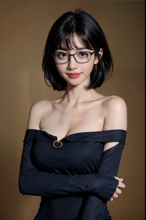 1 cute dragon race. sexy girl (18yo) glasses, dark eyes, upper body, slim waist, natural big breast, sexy pose, seductive expression, bangs, random hairstyle, cleavage, navel, collar, collarbone, off shoulder, seductive smile, wear intricately detail hot a...